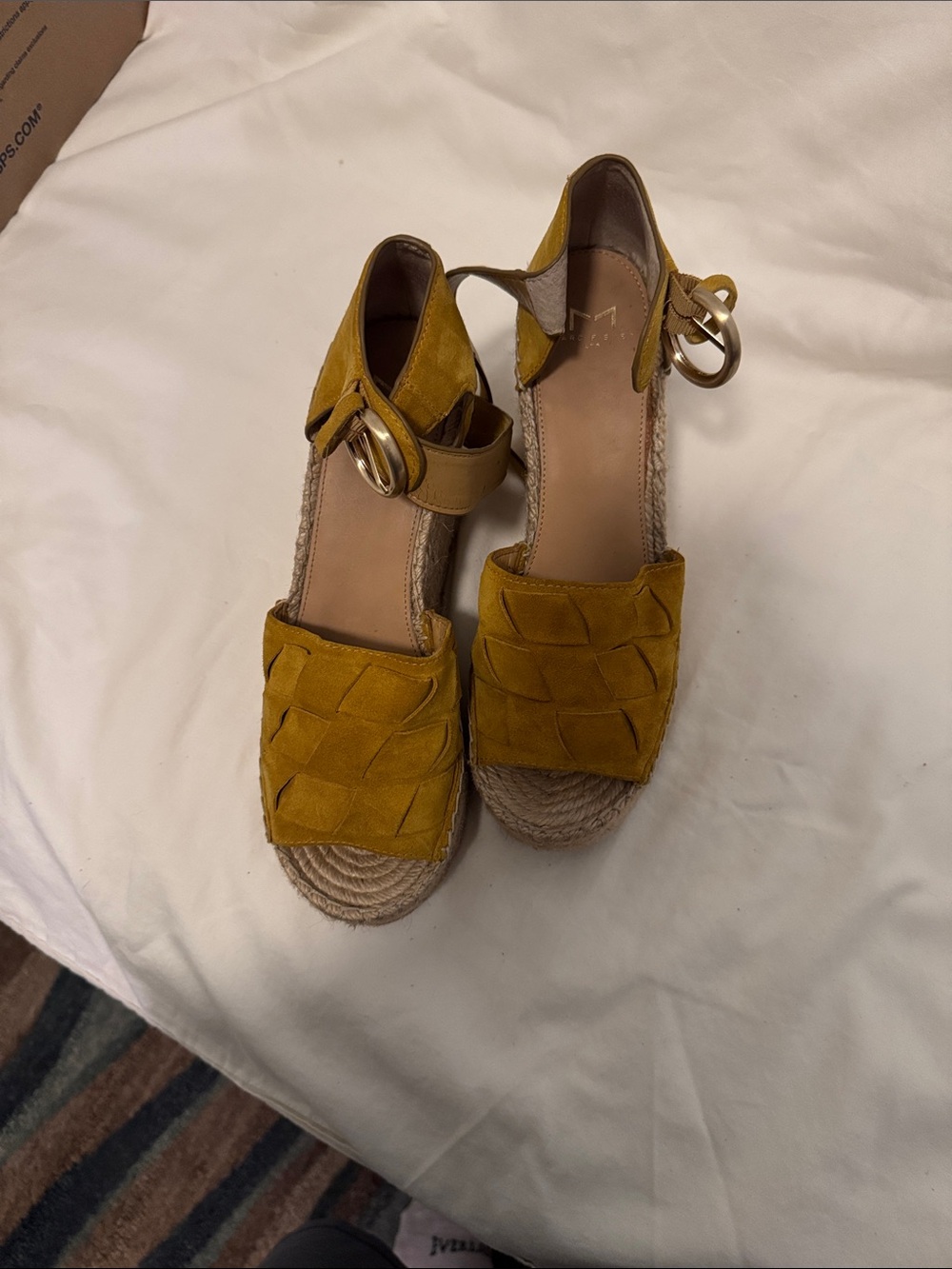 Marc Fisher Mustard Suede Espadrille Wedge Sandals with Ankle Buckle
